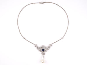 45391 - SOLD - Gold Sapphire Diamond Pearl Drop Garland Ribbon Bow Motif Necklace