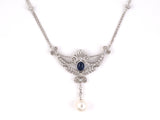 45391 - SOLD - Gold Sapphire Diamond Pearl Drop Garland Ribbon Bow Motif Necklace