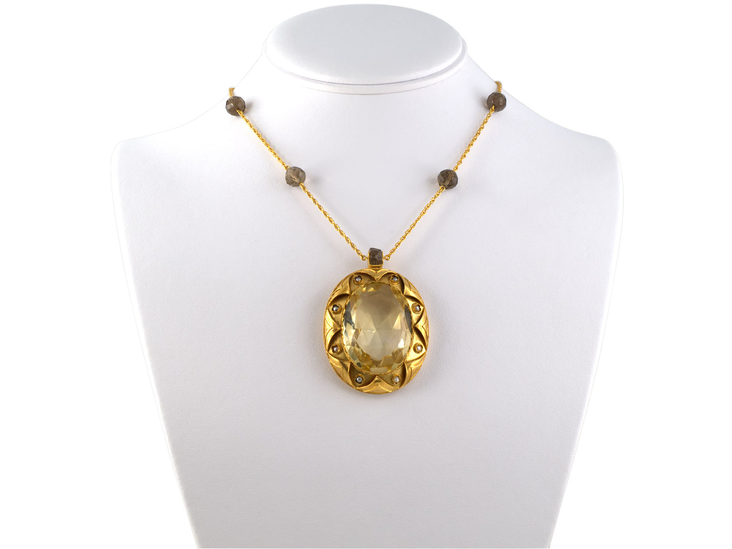 45393 - Victorian Gold Citrine Pearl Frame With Smoky Quartz Bead Pendant Necklace