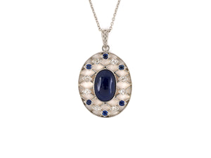 45394 - Edwardian Platinum Gold Diamond AGL Sapphire Lattice Oval Pendant Necklace