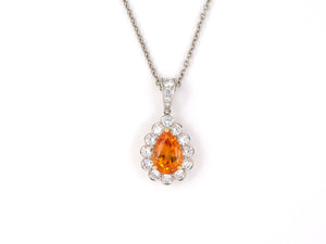 45402 - SOLD - Platinum Spessartite Mandarin Garnet Diamond Cluster Pear Shape Pendant Necklace