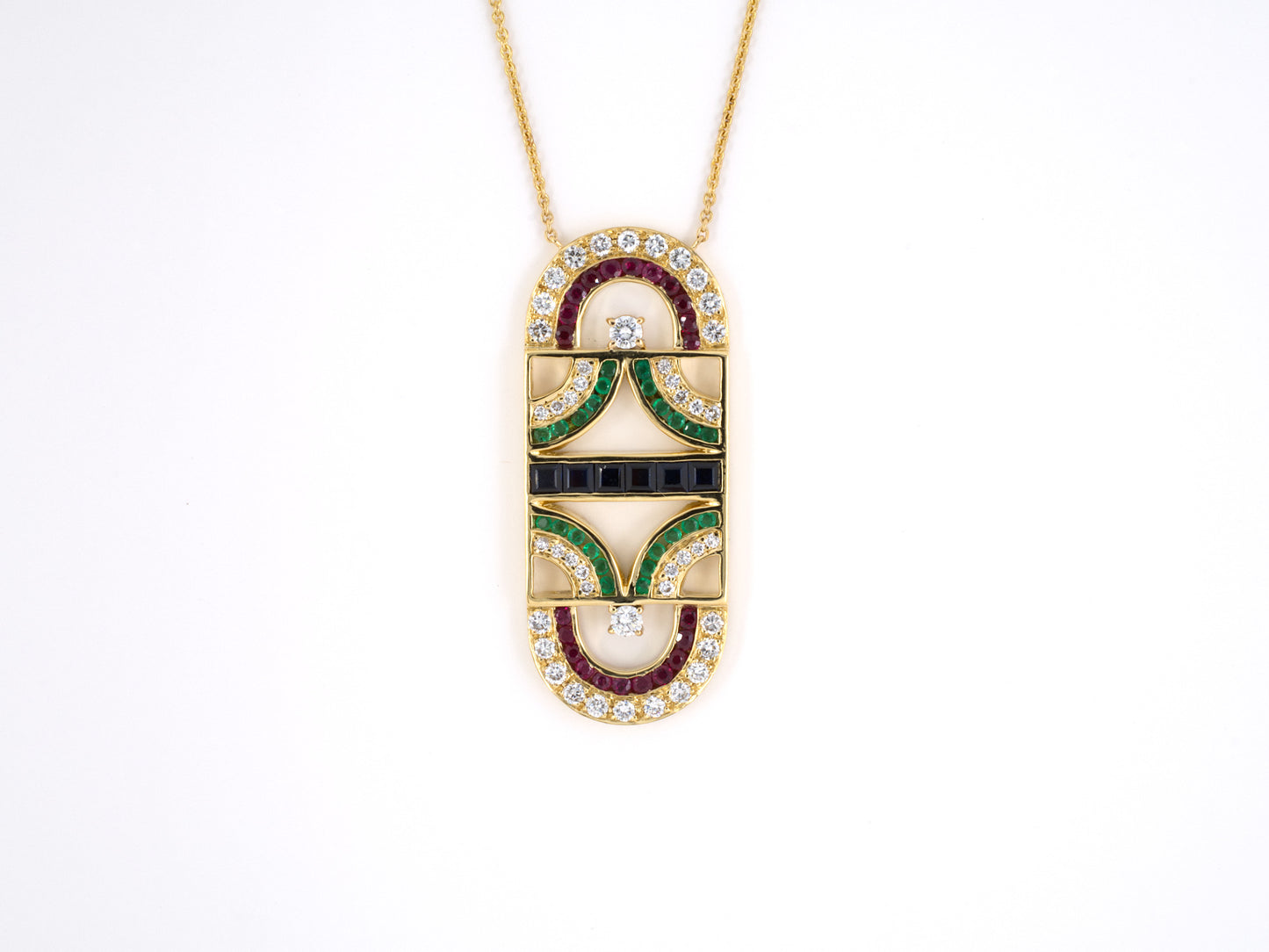 45403 - Gold Diamond Sapphire Ruby Emerald Elongated Oval Open Geometric Pendant Necklace