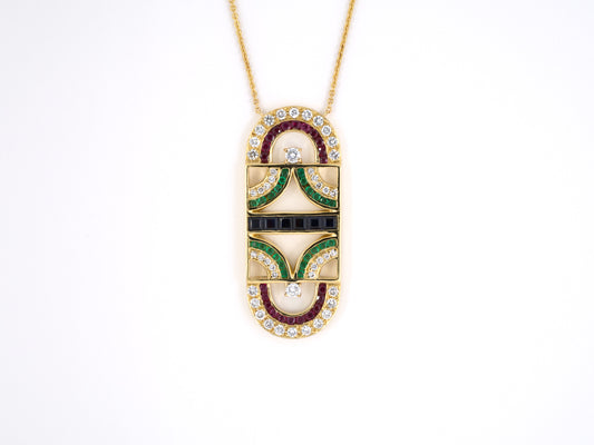 45403 - Gold Diamond Sapphire Ruby Emerald Elongated Oval Open Geometric Pendant Necklace