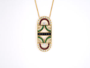 45403 - Gold Diamond Sapphire Ruby Emerald Elongated Oval Open Geometric Pendant Necklace