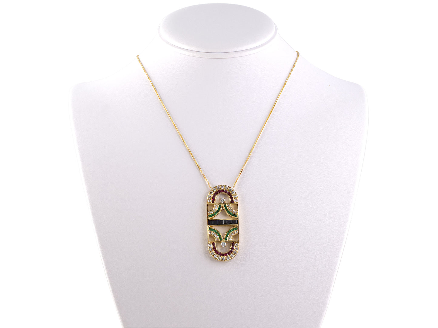 45403 - Gold Diamond Sapphire Ruby Emerald Elongated Oval Open Geometric Pendant Necklace