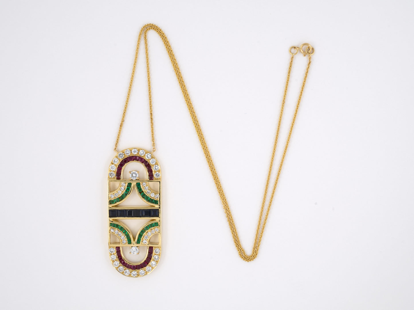 45403 - Gold Diamond Sapphire Ruby Emerald Elongated Oval Open Geometric Pendant Necklace