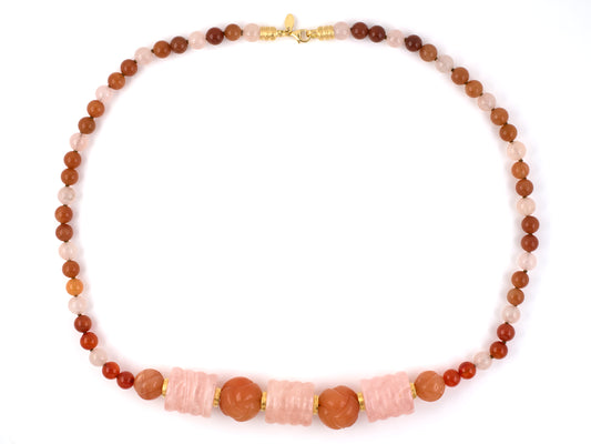 45404 - Gold Pink Quartz Carnelian Alternating Beaded Necklace