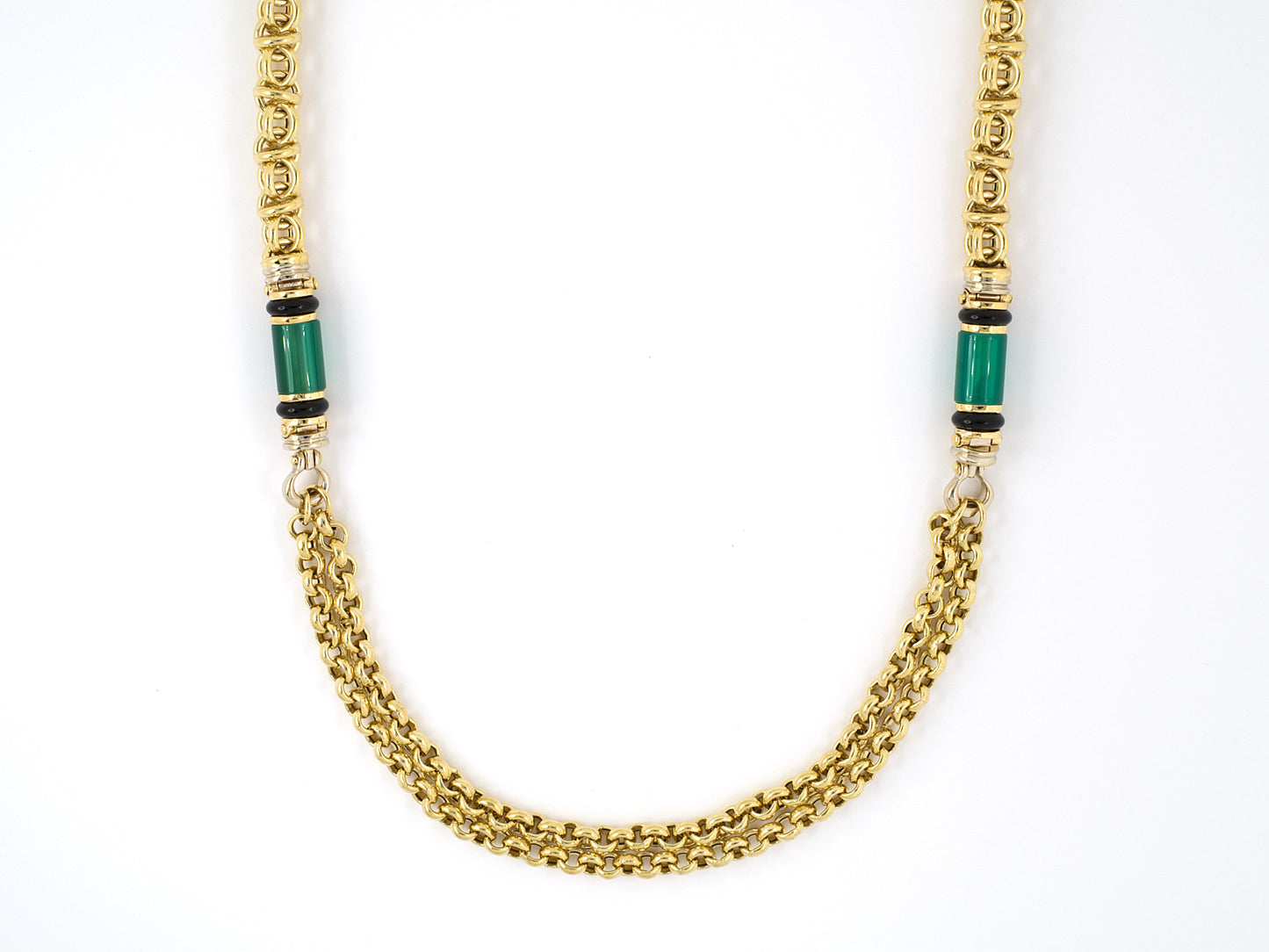 45405 - SOLD - Creart Italy Gold Green And Black Onyx Alternating Bolo And Wire Link Necklace