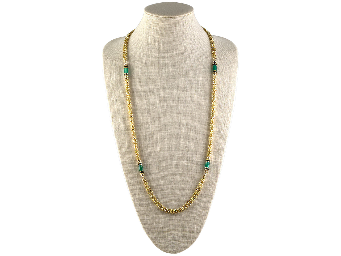 45405 - SOLD - Creart Italy Gold Green And Black Onyx Alternating Bolo And Wire Link Necklace