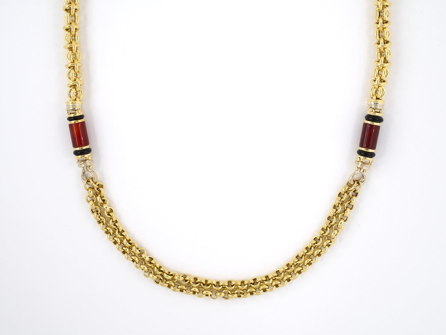 45410 - Creart Italy Gold Carnelia Black Onyx Alternating Bolo And Wire Link Necklace