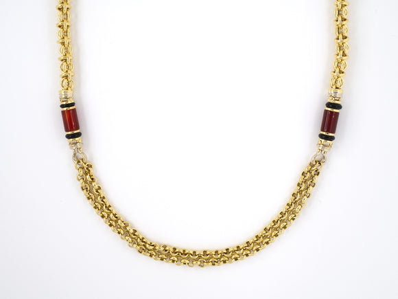 45410 - Creart Italy Gold Carnelia Black Onyx Alternating Bolo And Wire Link Necklace