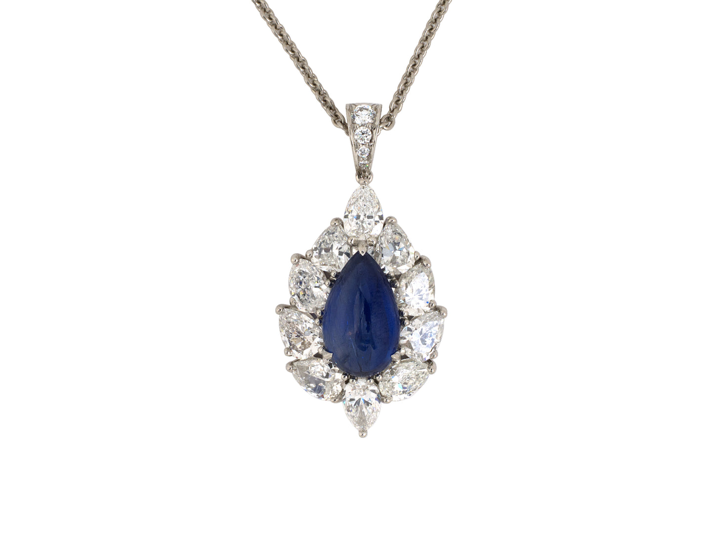 45412 - SOLD - Platinum AGL Burma Sapphire Diamond Pear Shape Cluster Pendant Necklace
