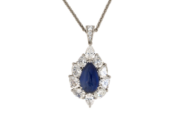 45412 - Platinum AGL Burma Sapphire Diamond Pear Shape Cluster Pendant Necklace