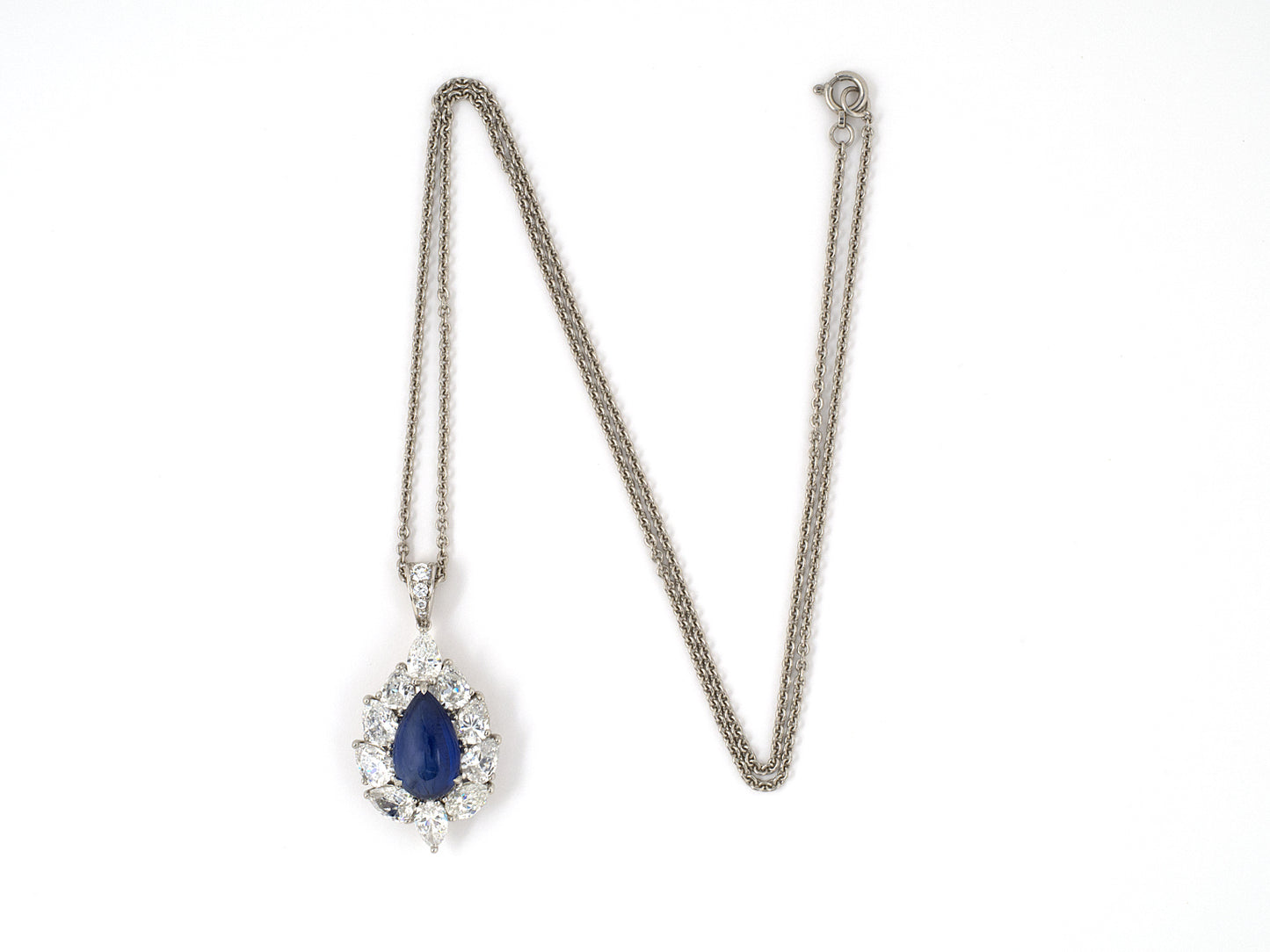 45412 - SOLD - Platinum AGL Burma Sapphire Diamond Pear Shape Cluster Pendant Necklace