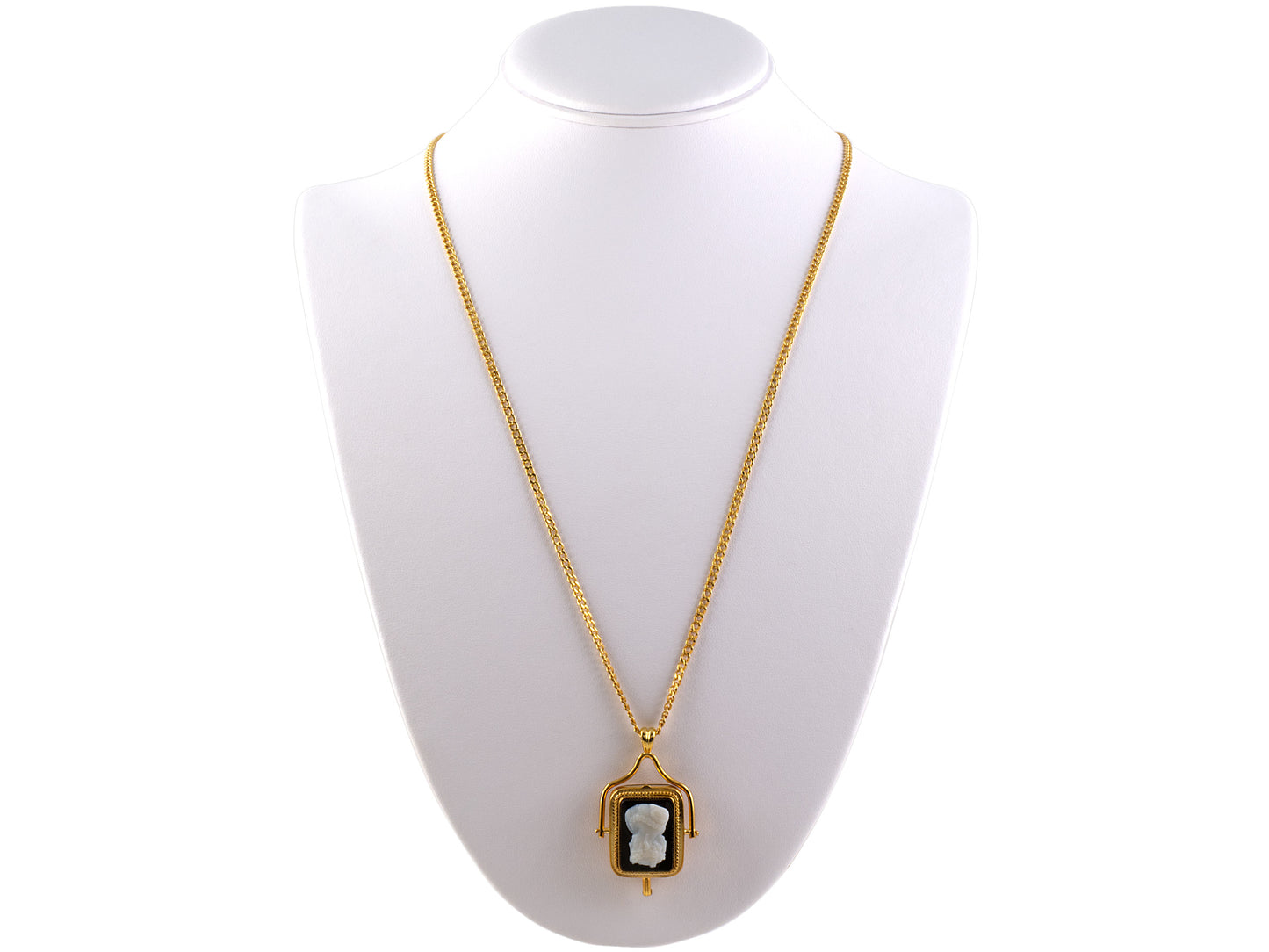 45414 - Victorian Gold White On Black Sardonyx Cameo Hinged Locket Pendant Necklace