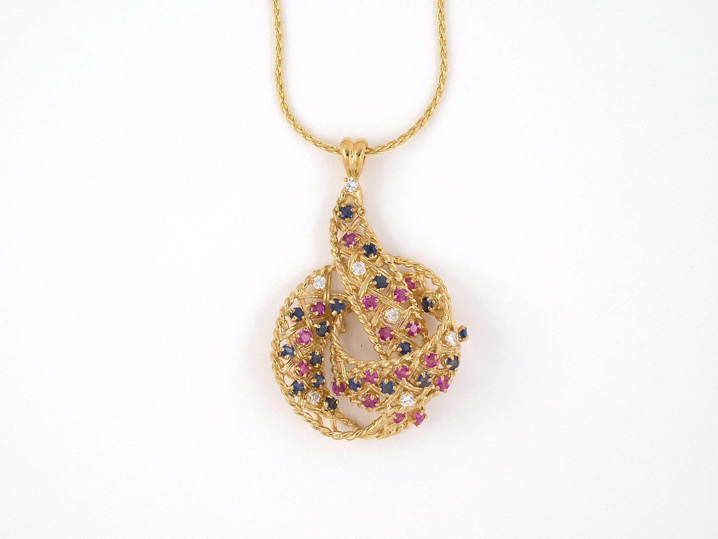 45422 - SOLD - Circa 1950 Gold Diamond Ruby Sapphire Swirling Ribbon Pendant Necklace