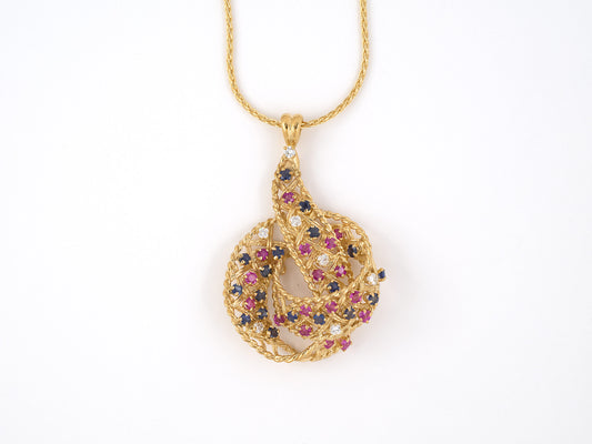 45422 - SOLD - Circa 1950 Gold Diamond Ruby Sapphire Swirling Ribbon Pendant Necklace