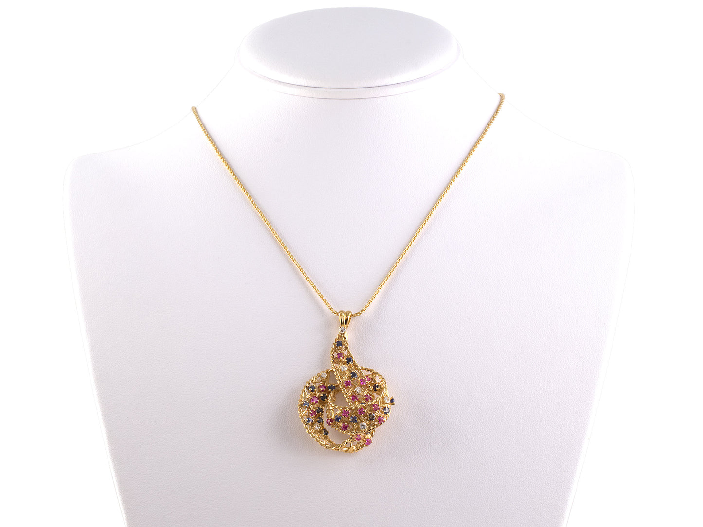 45422 - SOLD - Circa 1950 Gold Diamond Ruby Sapphire Swirling Ribbon Pendant Necklace