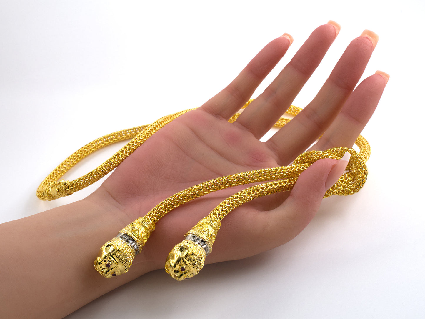 45425 - SOLD - Circa 2000 Greek Gold Diamond Ruby Chimera Head Necklace