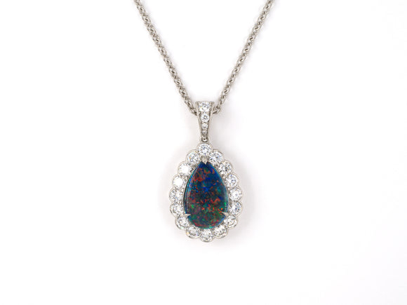 45430 - Platinum Black Opal Diamond Cluster Pear Shape Pendant Necklace