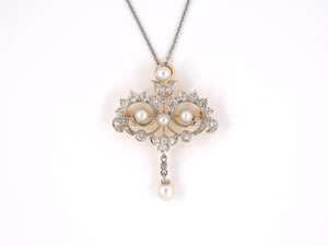 45431 - Edwardian Platinum Gold Diamond Pearl Pin Pendant Necklace
