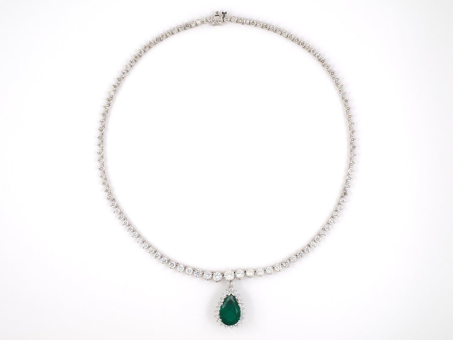 45447 - SOLD - Gold AGL Colombian Emerald Diamond Riviere Detachable Pear Shape Drop Necklace