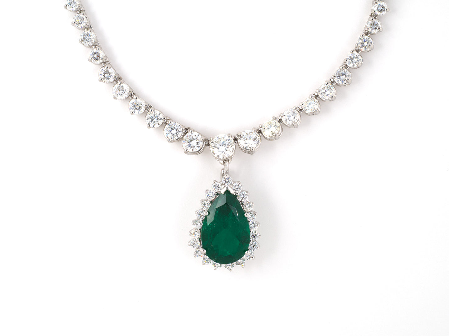 45447 - SOLD - Gold AGL Colombian Emerald Diamond Riviere Detachable Pear Shape Drop Necklace