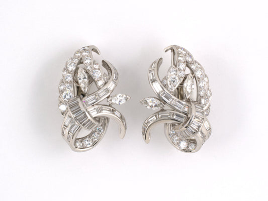 50495 - SOLD - Circa 1950 Platinum Diamond Floral Earrings