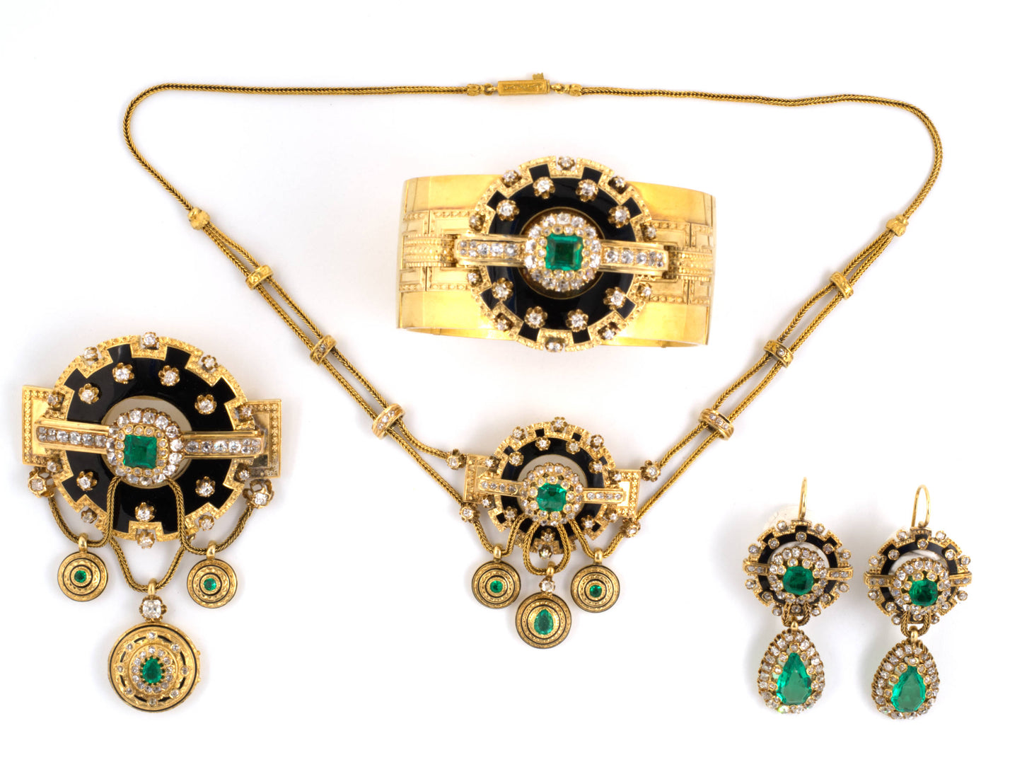 51314 - Victorian Circa 1860 Gold French Emerald Diamond Black Enamel Earrings