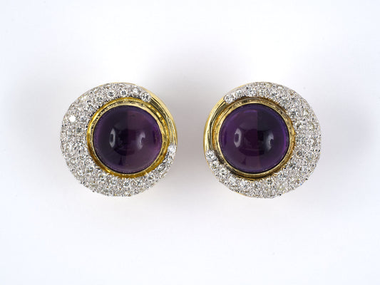 52290 - SOLD - Gold Amethyst Diamond Circle Cluster Earrings