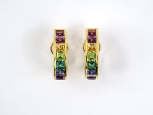 52593 - SOLD - Chalson Gold Garnet Citrine Peridot Tourmaline Tanzanite Amethyst Rainbow Hoop Earrings