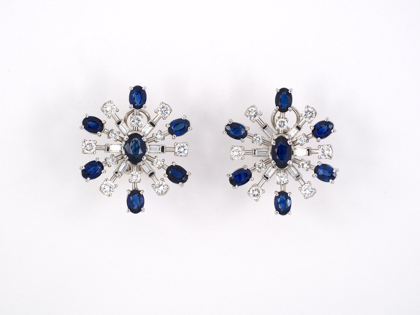 52637 - Circa 1950 Platinum Diamond Sapphire Snowflake Earrings