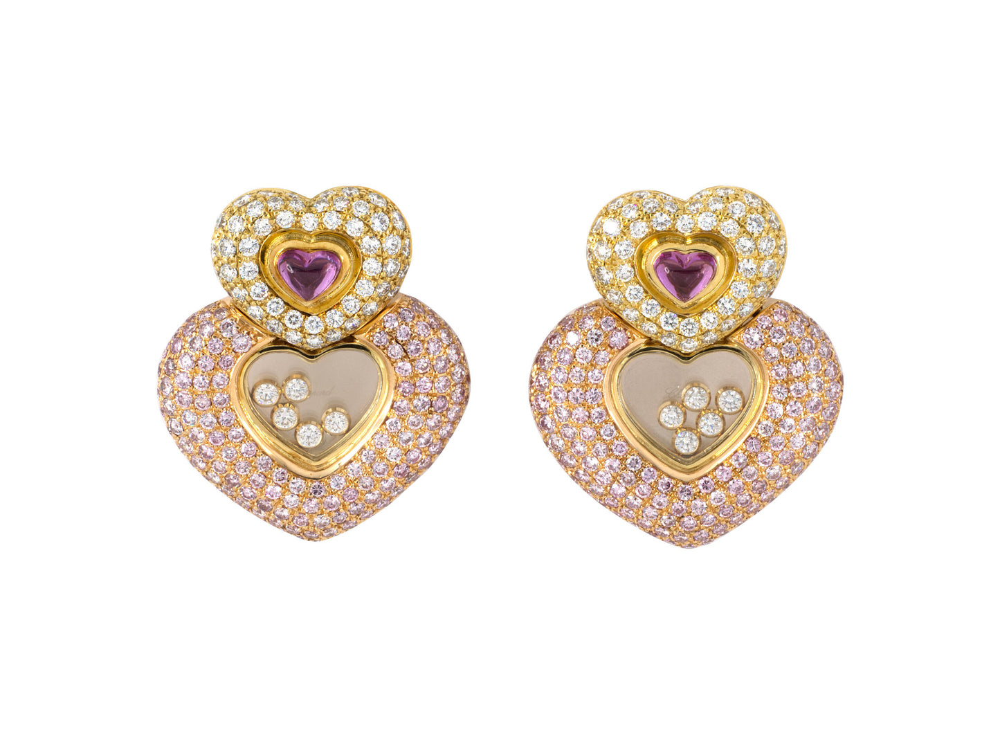 52804 - SOLD - Circa 1990 Chopard Gold Happy Diamond Pink Sapphire Earrings