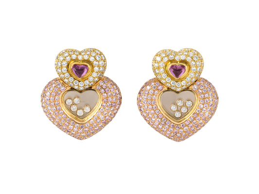 52804 - SOLD - Circa 1990 Chopard Gold Happy Diamond Pink Sapphire Earrings