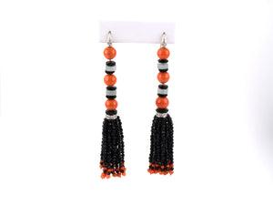 52831 - Platinum Diamond Coral Jadeite Onyx Tassels Drop Dangle Earrings