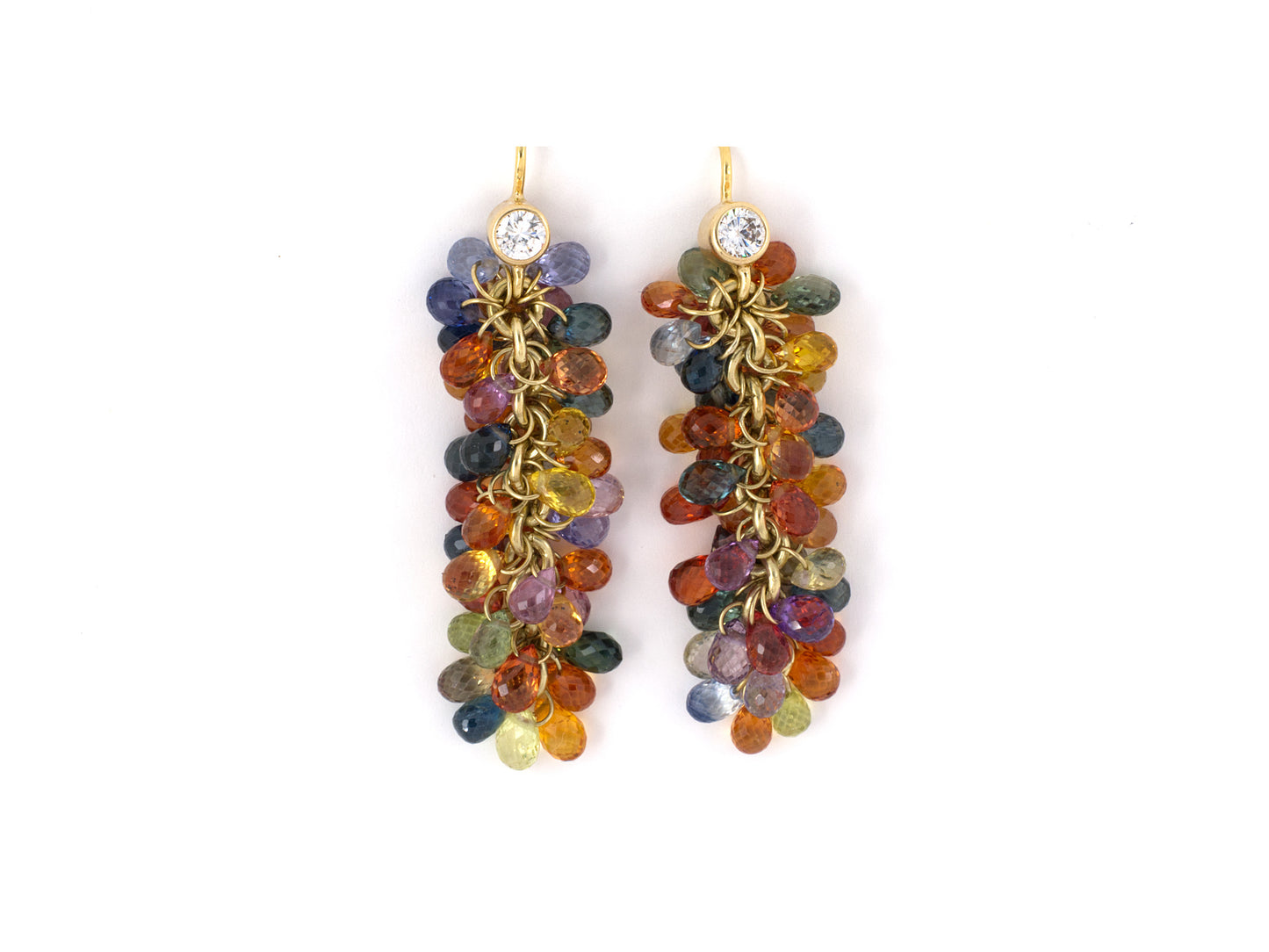 52842 - SOLD - Gold Diamond Sapphire Briolette Drop Earrings