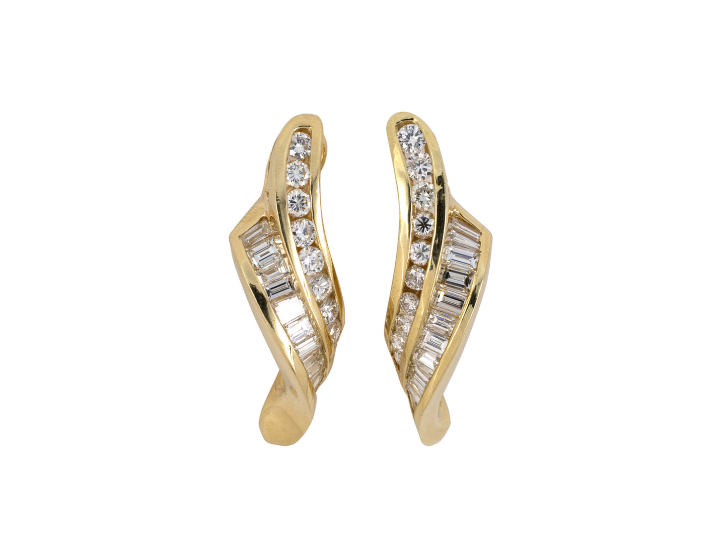 52890 - SOLD - Gold Diamond Swirl Ribbon Drop Earrings