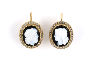 52900 - SOLD - Victorian Circa 1864  Stone Cameo Man Woman Face Drop Earrings