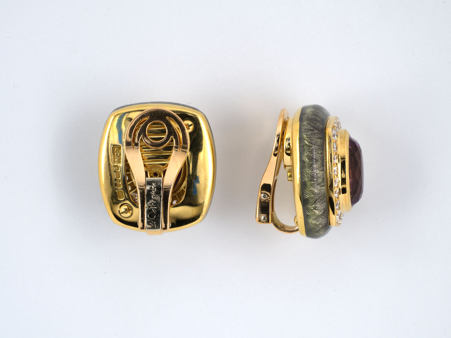 52930 - De Vroomen Gold AGL Tourmaline Diamond Enamel Earrings