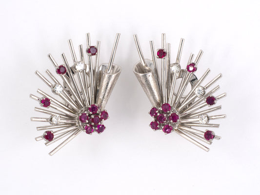 53102 - Retro Gold Diamond Ruby Spray Earrings