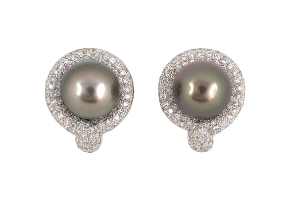 53166 - Gold Black Tahitian Pearl Diamond Cluster Earrings