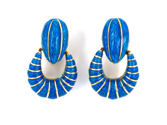 53170 - CIRCA 1970s Gold Blue Enamel Door Knocker Earrings