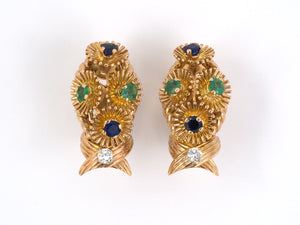 53211 - Gold Diamond Emerald Sapphire Flower Cluster Earrings