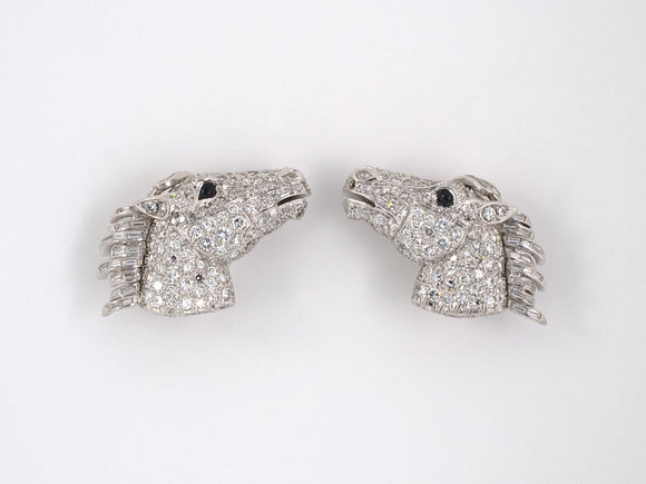 53220 - SOLD - Platinum Diamond Sapphire Horse Head Earrings