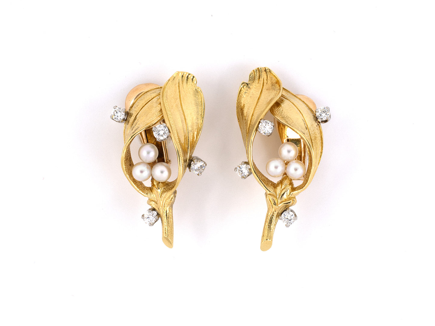 53235 - SOLD - Circa 1965 Gold Platinum Diamond Pearl Leaf Earrings