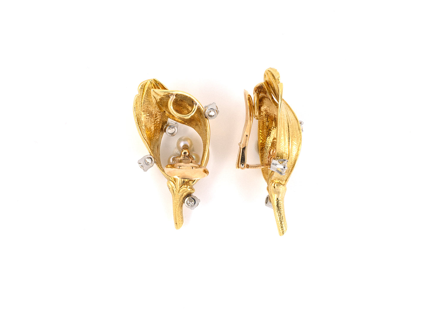 53235 - SOLD - Circa 1965 Gold Platinum Diamond Pearl Leaf Earrings