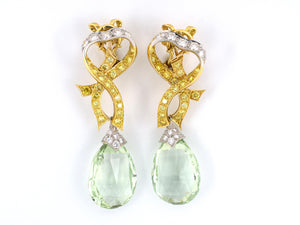 53253 - Circa 2000 Nicholas Varney Gold Platinum Green Beryl Yellow Diamonds Bow Ribbon Drop Earrings