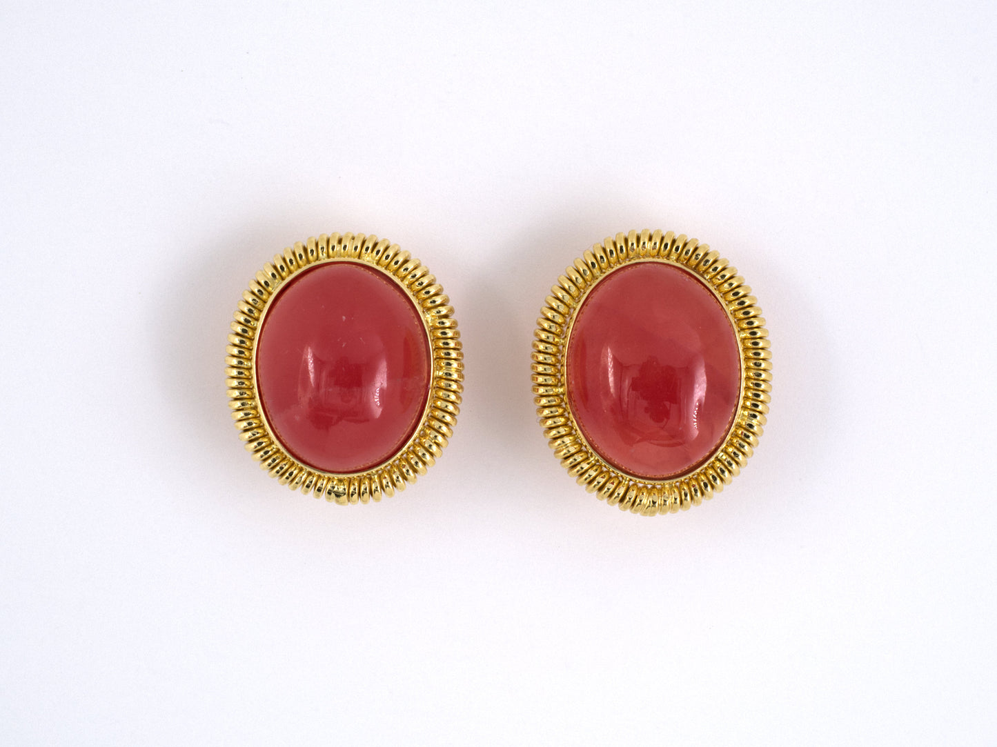 53277 - SOLD - Gold Rhodochrosite Rope Oval Button Earrings