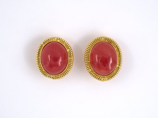 53277 - SOLD - Gold Rhodochrosite Rope Oval Button Earrings