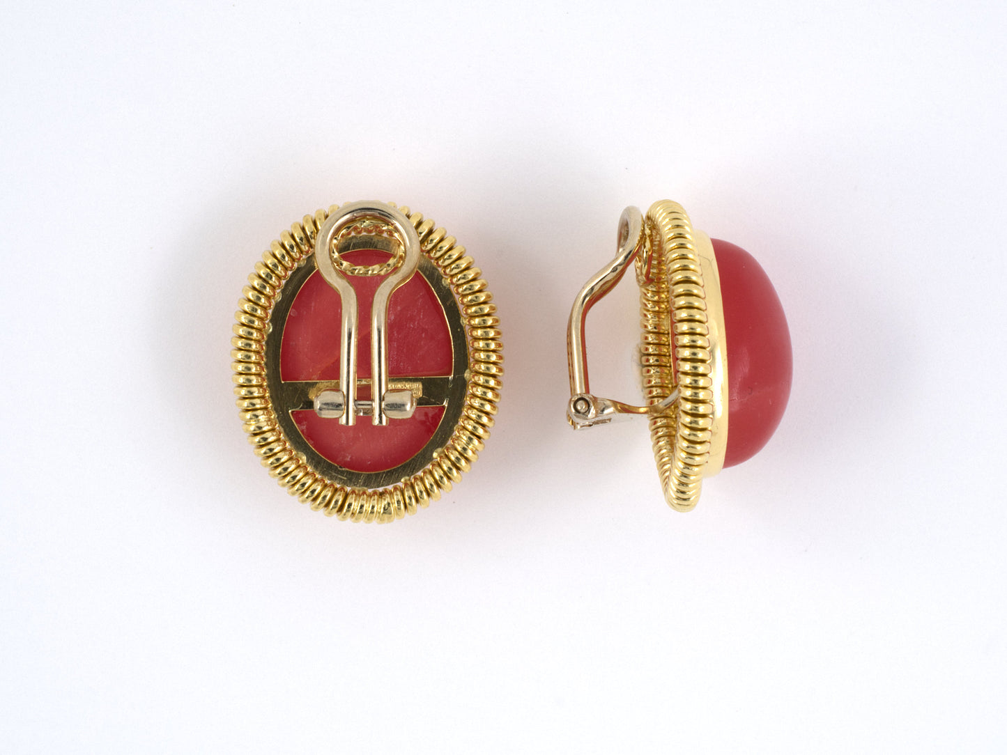 53277 - SOLD - Gold Rhodochrosite Rope Oval Button Earrings